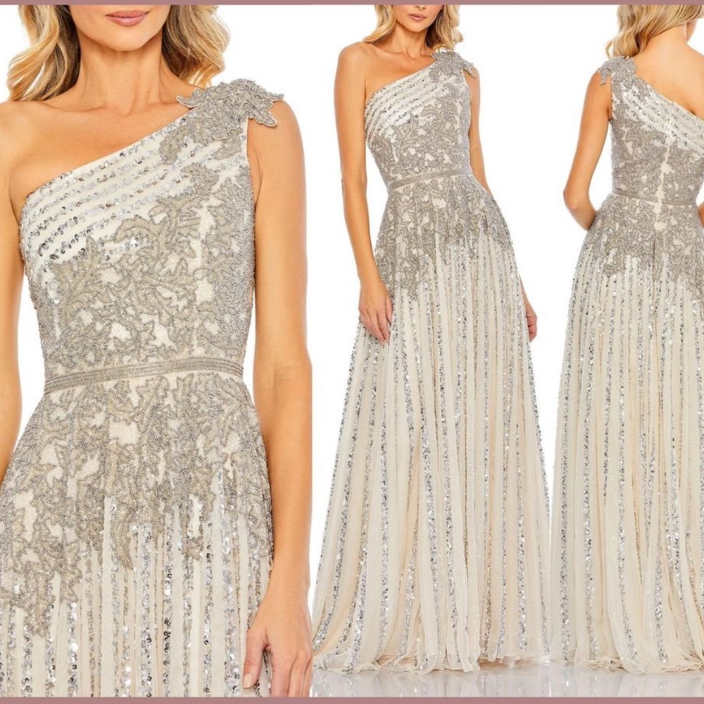 Mac Duggal Beaded Embellished One Shoulder A Line Gown Nude Silver